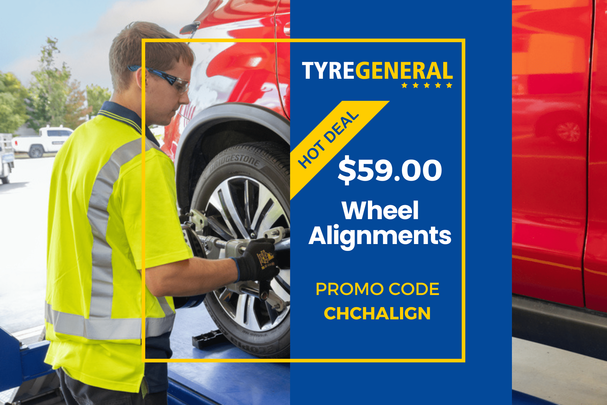 Tyre technician applying clamp to wheel during wheel alignment in a promotional image.